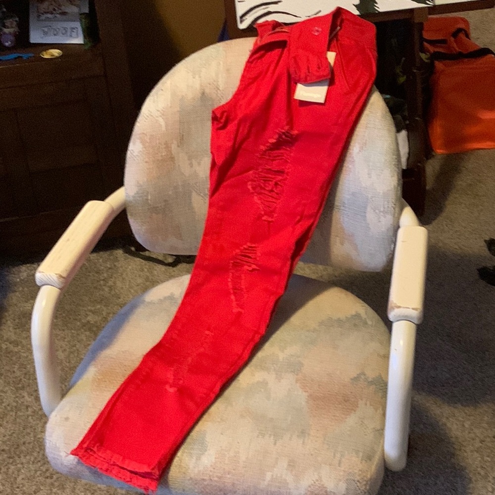 Flamingo, high waisted, ripped, skinny jeans, red